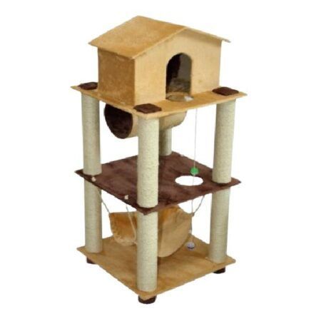 Rascador madera maciza gato especial con casa 2 pisos