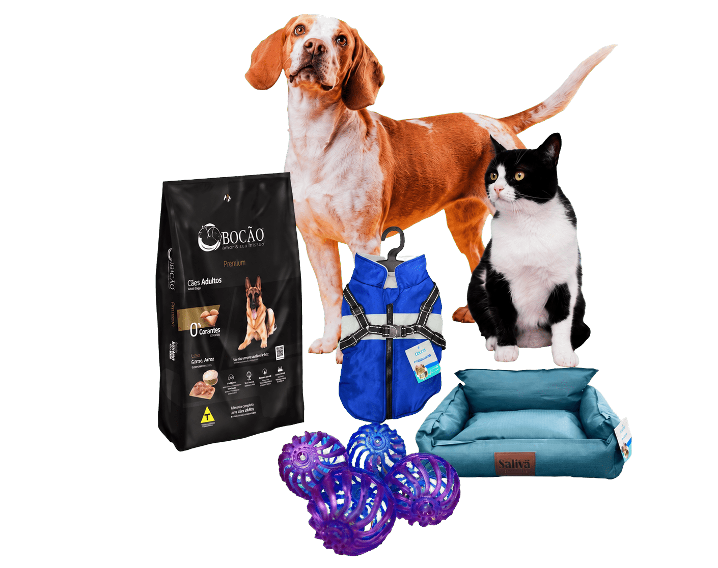 Perro y gato junto a alimentos, ropa, juguetes y una cama para mascotas