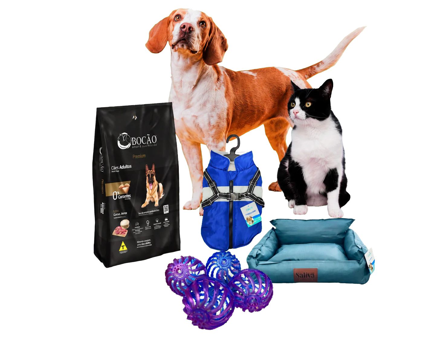Perro y gato junto a alimentos, ropa, juguetes y una cama para mascotas